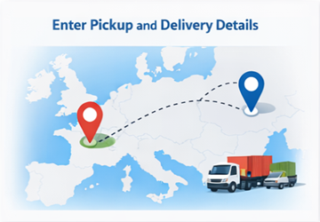 Locais de coleta e entrega mostrados em um mapa de rotas de transporte europeias.