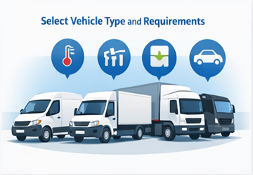 Diferentes tipos de veículos para transporte, incluindo vans, caminhões e cegonhas.