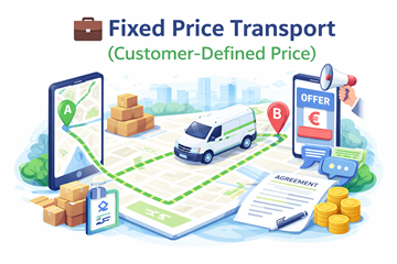 Ordem de transporte a preço fixo com rota do ponto A ao ponto B, mostrando preço definido pelo cliente e acordo com o transportador
