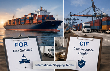 Logística de frete marítimo internacional com os termos de envio FOB e CIF explicados através de operações de transporte de carga