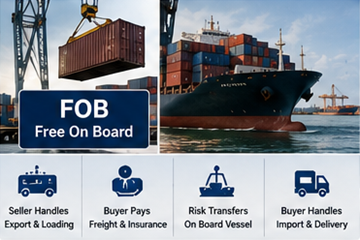 Contentores a serem carregados num navio de carga sob um acordo de envio FOB