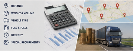 Cálculo de preços de transporte de mercadorias com camiões, mapas, planeamento logístico e custos de carga