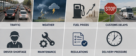 Desafios no transporte de mercadorias incluindo trânsito, meteorologia, atrasos e planeamento logístico