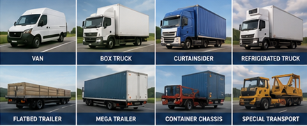 Veículos de transporte de mercadorias incluindo carrinhas, camiões, reboques e frota logística na Europa