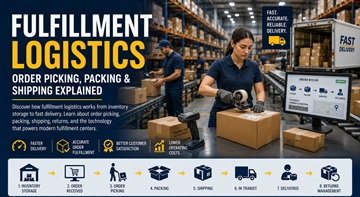 Armazém moderno de logística de fulfillment com trabalhadores a embalar encomendas online e a preparar expedições