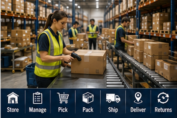 Trabalhadores de armazém a processar operações de logística de fulfillment e encomendas online