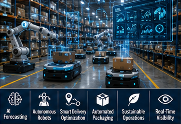 Armazém de fulfillment do futuro com robots, automação por IA e sistemas logísticos inteligentes