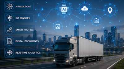 Tecnologia logística do futuro com rastreamento de envios com IA, sistemas de transporte inteligentes e visibilidade digital da cadeia de abastecimento