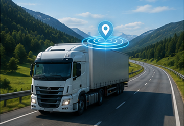Camião com sistema de rastreamento GPS a circular numa autoestrada europeia durante uma operação logística