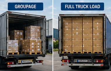 Comparação entre envio em grupagem e transporte FTL (camião completo) com camiões de logística e carga paletizada