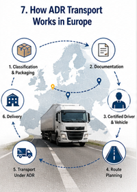 Processo logístico ADR europeu com rota de transporte de mercadorias perigosas e procedimentos de conformidade