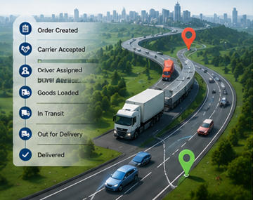 Processo moderno de tracking logístico a mostrar acompanhamento de camiões por GPS, sistemas digitais de transporte e atualizações de remessa