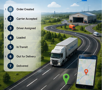 Processo logístico digital mostrando rastreamento de envios, rotas GPS e atualizações de estado do transporte