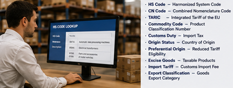 Classificação pautal aduaneira e documentação de código HS para transporte internacional e abreviações no comércio global