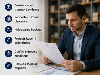 Gestor de logística a analisar documentos de Bill of Lading para transporte internacional de carga