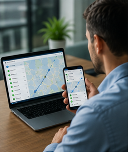 Cliente empresarial a verificar atualizações de tracking de entrega para uma remessa de transporte importante na Europa