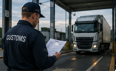 Responsáveis de logística e alfândega a verificar documentos de seguro e de transporte durante uma operação de mercadorias