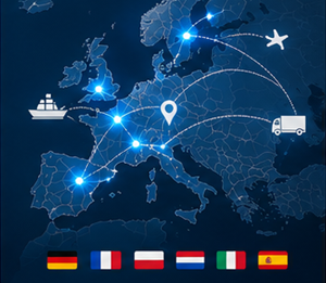 Tracking de transporte internacional através de países europeus com rotas logísticas e operações alfandegárias