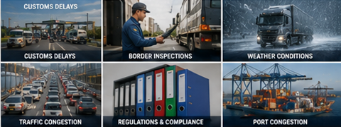 Desafios do transporte internacional incluindo atrasos na alfândega, meteorologia, tráfego, portos e operações logísticas de carga