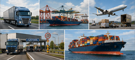 Transporte internacional de carga com camiões em passagem de fronteira, navios de carga, alfândega e operações logísticas globais