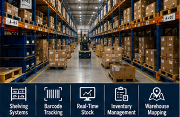 Grande centro de fulfillment a armazenar stock de e-commerce em prateleiras de armazém