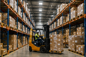 Grande armazém logístico com estantes de armazenamento, empilhadores e paletes