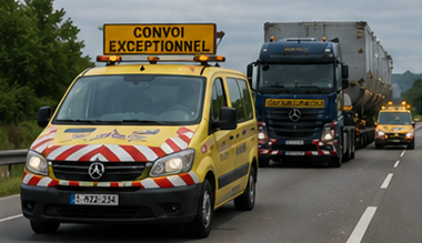 Veículos de escolta a acompanhar um comboio de transporte sobredimensionado numa autoestrada europeia