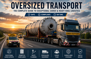 Comboio de transporte de grandes dimensões a transportar carga excecional numa autoestrada europeia ao pôr do sol