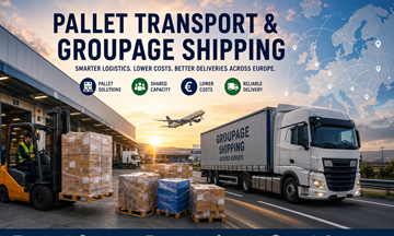 Transporte europeu de paletes e envio em grupagem com camiões de logística, armazéns, paletes e operações de frete