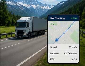 Camião com sistema de tracking de rota por GPS numa autoestrada europeia durante uma operação de transporte