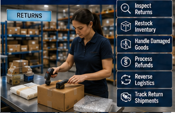 Armazém a processar produtos devolvidos num centro de logística de fulfillment