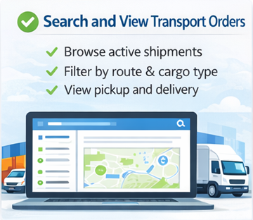 Motorista profissional a pesquisar e a visualizar ordens de transporte disponíveis na plataforma ExusTrans com filtros de rota e tipo de carga