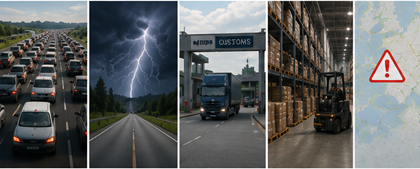Desafios do transporte logístico incluindo atrasos, trânsito, meteorologia e problemas de tracking de remessas