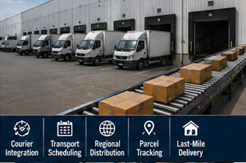 Carrinhas de entrega a carregar expedições a partir de um armazém de fulfillment