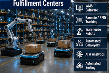 Centro de fulfillment automatizado a usar robótica, software de armazém e sistemas de logística com IA