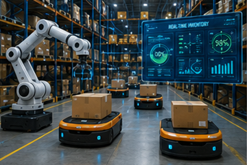 Armazém inteligente com robótica, automação e sistemas digitais de inventário