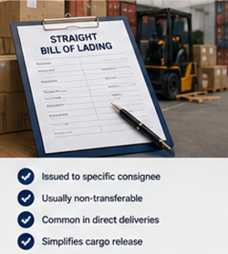 Documento Straight Bill of Lading usado para entrega direta de carga