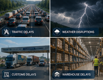 Desafios no transporte logístico, incluindo atrasos, trânsito, meteorologia e problemas de visibilidade dos envios