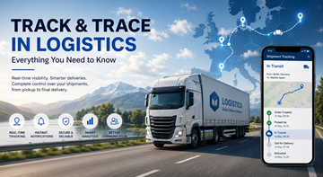 Sistema moderno de track and trace na logística mostrando visibilidade de envios de camiões, rastreamento GPS e monitorização de entregas em tempo real por toda a Europa