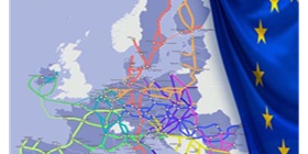 Rede Transeuropeia de Transportes (RTE-T) no mapa e na bandeira da Europa