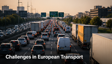 Congestionamento de tráfego com camiões nas autoestradas europeias, desafios logísticos, atrasos, custos de combustível no transporte