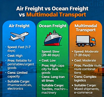 Comparação de transporte rodoviário, aéreo e marítimo mostrando diferenças logísticas entre camião, avião e navio