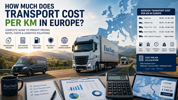 Custo do transporte de mercadorias por quilómetro na Europa com camiões de logística, autoestradas, preço do combustível e cálculo de entrega