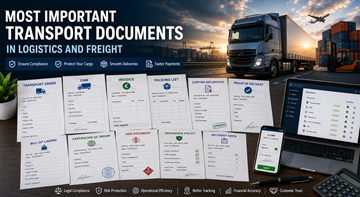 Coleção de documentos de transporte importantes, incluindo CMR, fatura, documentos aduaneiros e rastreio digital de logística na Europa