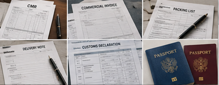Documentos de transporte incluindo faturas, CMR, formulários aduaneiros e papelada de carga para operações logísticas