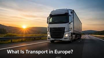 Sistema de transporte europeu com camiões, comboios, navios e aviões a movimentar mercadorias pela Europa, rede logística