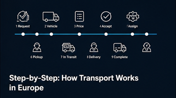 Processo logístico passo a passo, fluxo de trabalho de transporte, recolha, entrega, rastreamento, planeamento de rotas do motorista na Europa