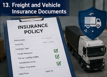 Documentos de seguro de carga e de veículos usados no transporte logístico para proteger mercadorias, camiões e transportadoras