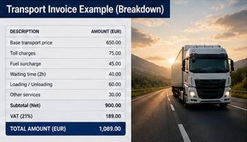 Detalhamento de uma fatura de transporte mostrando preço base, portagens, serviços adicionais e total