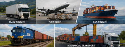 Métodos de transporte incluindo camiões, aviões de carga, navios porta-contentores e logística ferroviária de carga